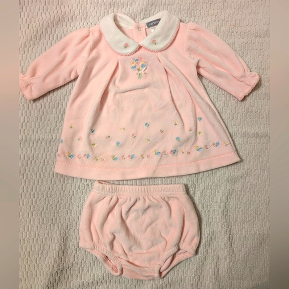 Vintage Carter's Sweet Daisy Collection 3m 2 piece Pink Velour set - Picture 1 of 9